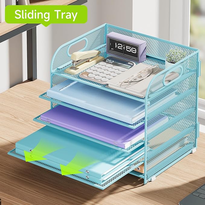 Cawukege 5 Tier Paper Organizer with Handle, Blue Metal Mesh Desk Organizer File Folder Paper Letter Tray Desktop Document Sorter for Classroom, School, Office Accessories Organization and Storage