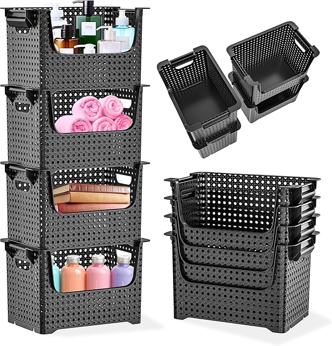 Skywin TidyFriend Stackable Storage Bins for Pantry 4 Pack, Stackable Bins For Organizing Food, Kitchen, and Bathroom Essentials (Circle with Handle)(Black)