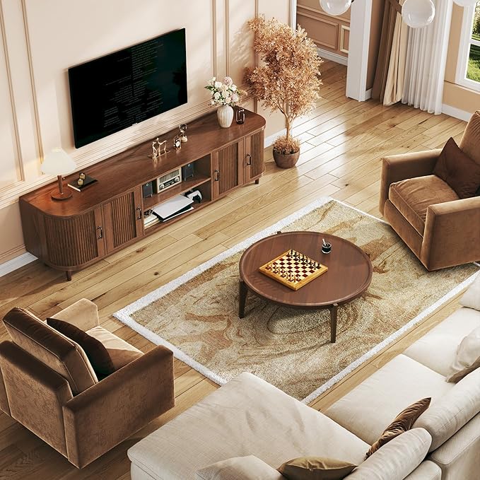 HUAHUU TV Stand for 75 inch TV, Mid Century Modern Entertainment Center for 55/60/65/75 inch TV, with Fluted Door Cabinets & Open Shelves, TV Consoles for Living Room, Walnut