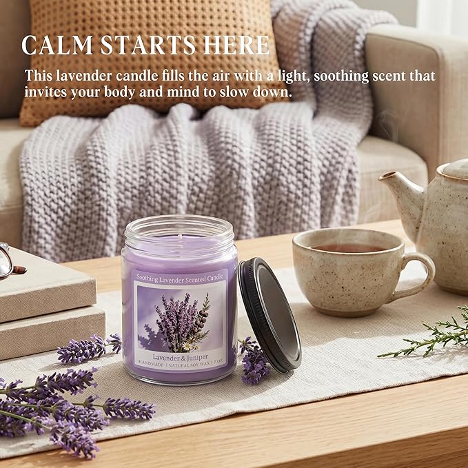 Homsolver Soothing Lavender Scented Candle, Natural Soy Candles with 50+ Hour Burn, Soft Juniper Lavender Fragrance for Home, Gift for Women, Men & Friends, Everyday Home Use, Comfortable Spaces