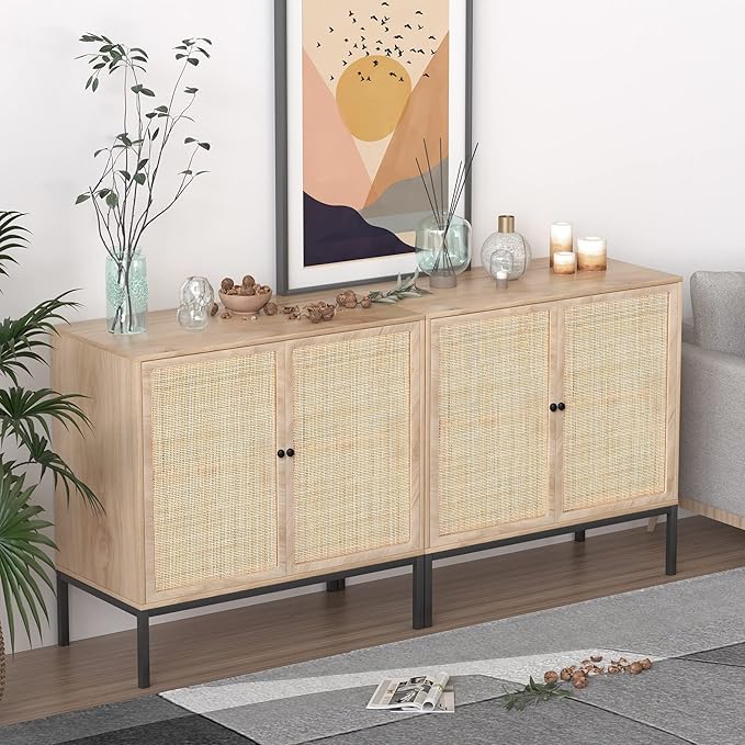 XIAO WEI Sideboard Buffet Cabinet with 2 Natural Rattan Decorated Doors, 31.5" W Accent Rattan Cabinet, Boho Credenza Storage Cabinet, for Living Room Dining Room Hallway, Metal Legs, Natural