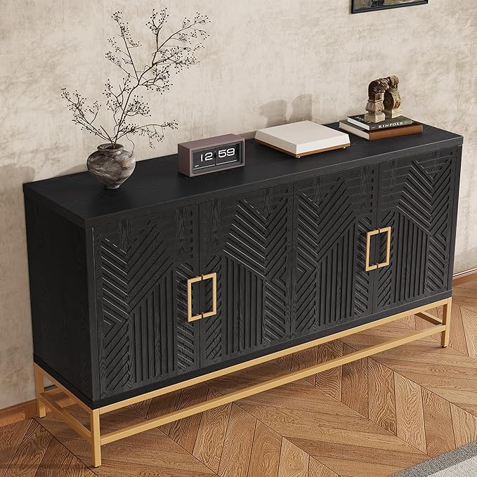 Amposei Accent Sideboard Cabinet 59.8-Inch Retro Credenza Console Storage Cabinet Dining Buffet Table with 4 Doors & Adjustable Shelves for Living Room Entrance, Black