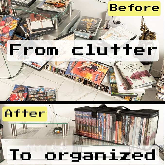 Made Easy Kit Clear View Media Storage Bag for DVDs, VHS & Video Game Cases- Protect Your Collection & Preserve The Quality of Your Cases - Stackable, Space-Saving, Fits 40 (Black DVD, 4-Pack)