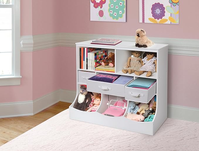Badger Basket Combo Toy Storage Organizer and Bookshelf - Kids Storage Unit with 3 Removable Baskets, Open Shelves, Top Display Surface - White