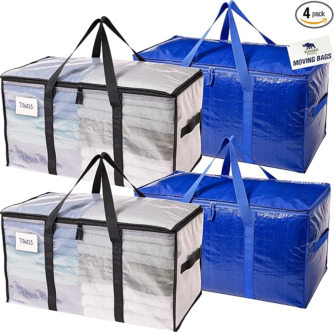RUGGED RHINO 4 Pack Heavy Duty Extra Large Moving Bags, Durable Bag Strong Handles and Zipper, Moving Boxes Alternative for College Packing, Holiday Décor, Space Saving Storage with Label, Blue/Clear