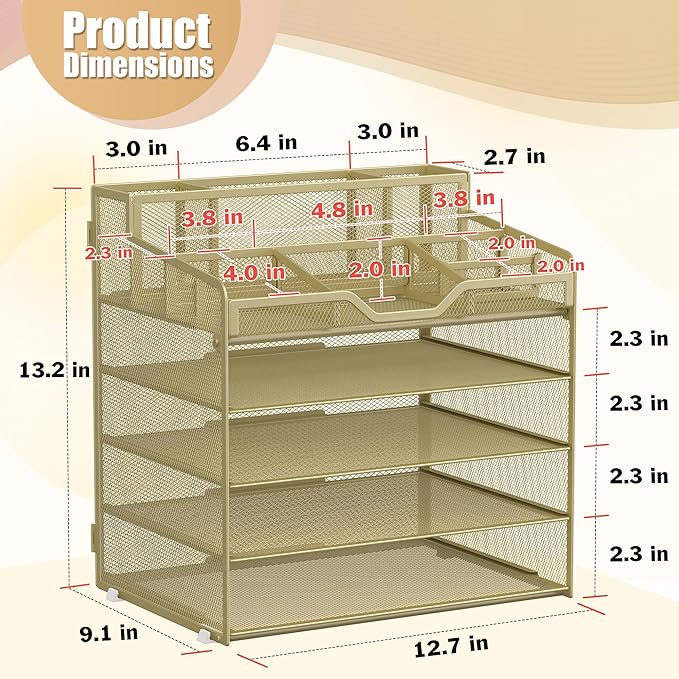 Docnest 5 Tier Mesh Desk Organizer for Paper Office Supplies – Multi-Functional Letter Tray with 5 Adjustable Compartments, 3 Pen Holders, Desktop Storage for Files, Mail, Stationery – Gold