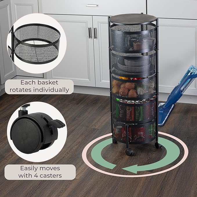 Home-Complete Kitchen Storage Rolling Cart with Wheels - 5 Tier Rotating Fruit and Vegetable Baskets for Kitchen Organization and Storage - Metal Cart for Pantry, Bathroom, or Craft Room (Black)