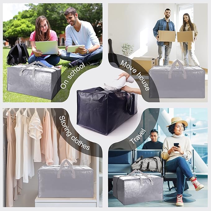 VELVETSURE Heavy Duty Extra Large Moving Bags W/Backpack Straps - Strong Handles & Zippers, Storage Totes For Space Saving, Fold Flat, Alternative to Moving Box and Storage Bin (Set of 6, Silver)