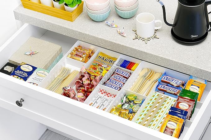 CAXXA 3 Slot Drawer Organizer with 4 Adjustable Dividers - 7 Compartments Junk Drawer Storage for Makeup & Vanity, Office Desk Supplies and Accessories,WHITE (2 pack)
