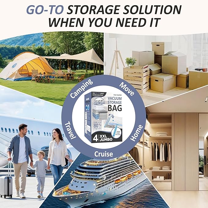 Cozy Essential Vacuum Storage Bags, 80% Compression Vacuum Seal Space Saver Plastic Packaging Bags for Clothes, Blankets, Pillow, Bedding, Comforters, Sealer Clothing Storage,4 XXL Jumbo