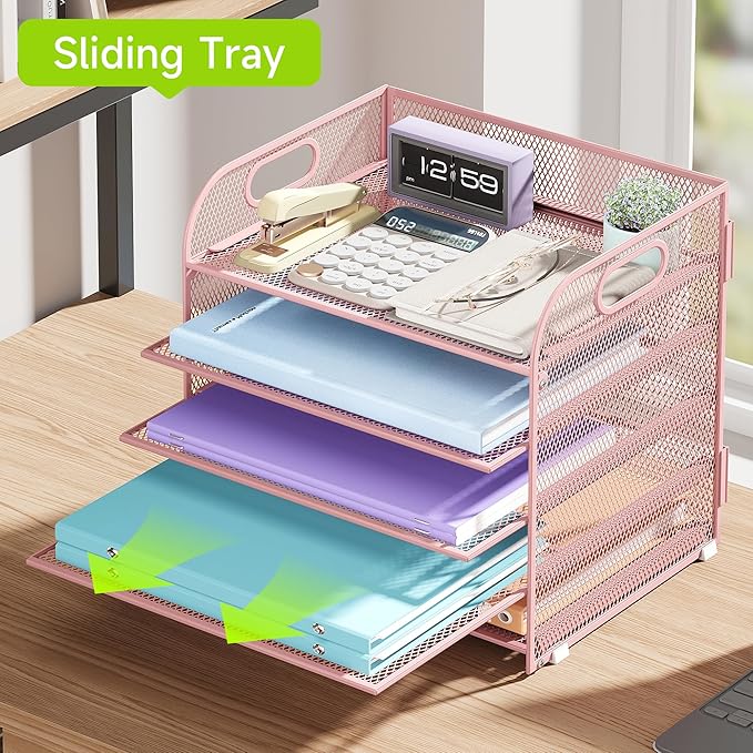Cawukege 5 Tier Paper Organizer with Handle, Pink Metal Mesh Desk Organizer File Folder Paper Letter Tray Desktop Document Sorter for Classroom, School, Office Accessories Organization and Storage