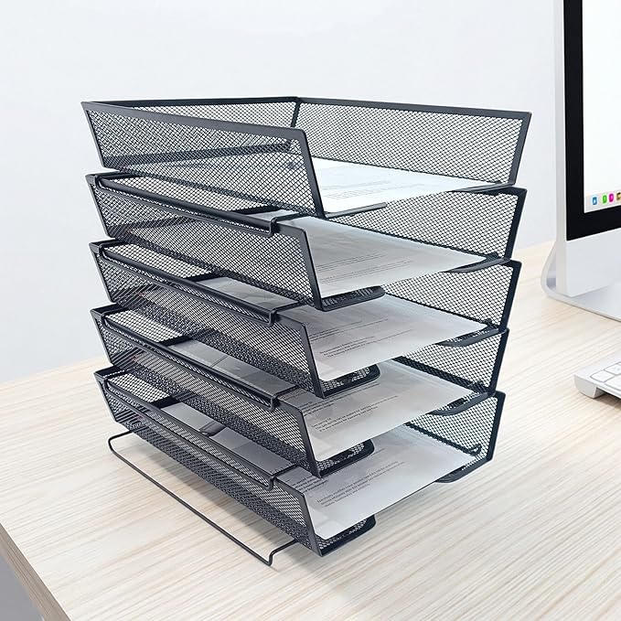 5 Tier Letter Tray Desk File Organizer,Metal Paper Organizer for Office Supplies,Black