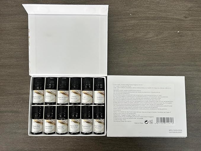 EUQEE 12pcs Fragrance Oils Gift Set, Premium Essential Oils Set for Diffuser, Candle, Soap Making, Travel, with Amber, Coconut&Vanilla, Fresh Linen, Leather, Forest Pine, Gift Set for Women and Men
