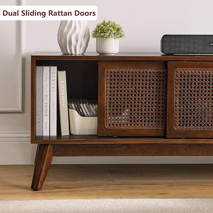 Amposei Mid Century Modern Wooden TV Stand Entertainment Center for 55/60/65 inch TVs, Sliding Rattan Door Console Storage Cabinet with Wood Legs for Living Room, Walnut