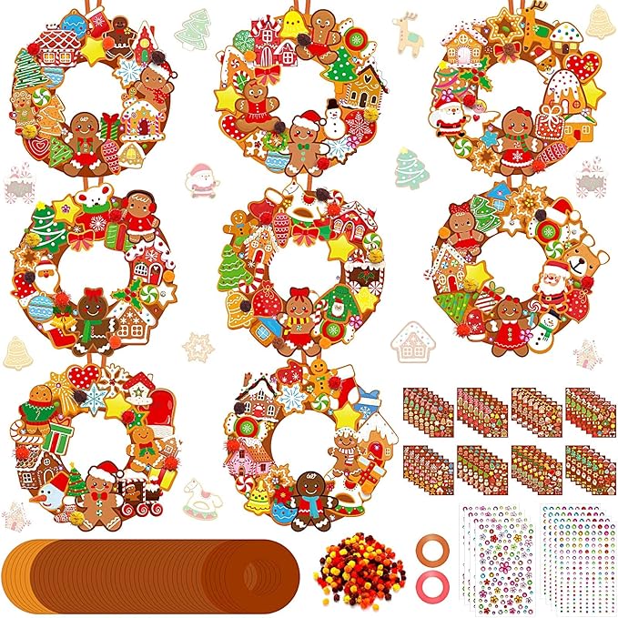 Hollowfly 48 Sets Christmas Wreath Craft Kits DIY Gingerbread Man Wreath Hanging Ornaments with Stickers for Christmas Xmas Party Supplies Favors Home Activities