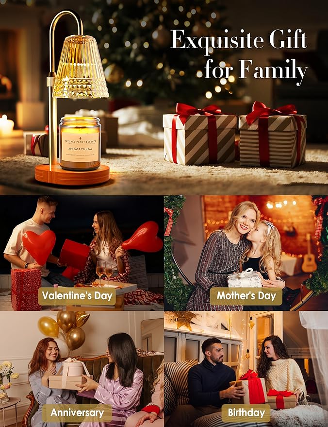Candle Warmer Lamp with Timer Dimmer: Height Adjustable Wax Melt Warmer for Scented Jar Candles with 2 Bulbs, Christmas Birthday Gifts for Women Mom, House Warming Gifts New Home Room Decor (Gold)