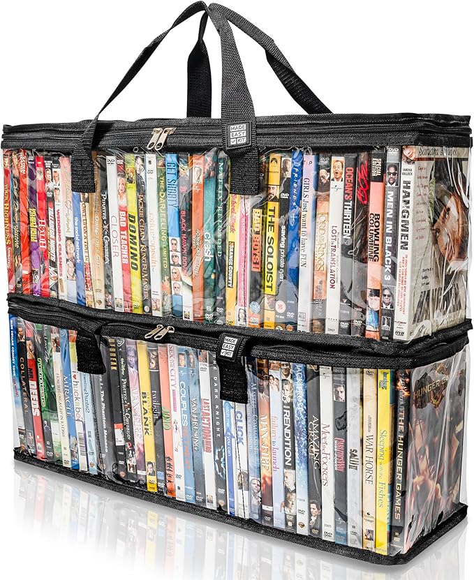 Made Easy Kit Clear View Media Storage Bag for DVDs, VHS & Video Game Cases- Protect Your Collection & Preserve The Quality of Your Cases - Stackable, Space-Saving, Fits 40 (Black DVD, 2-Pack)