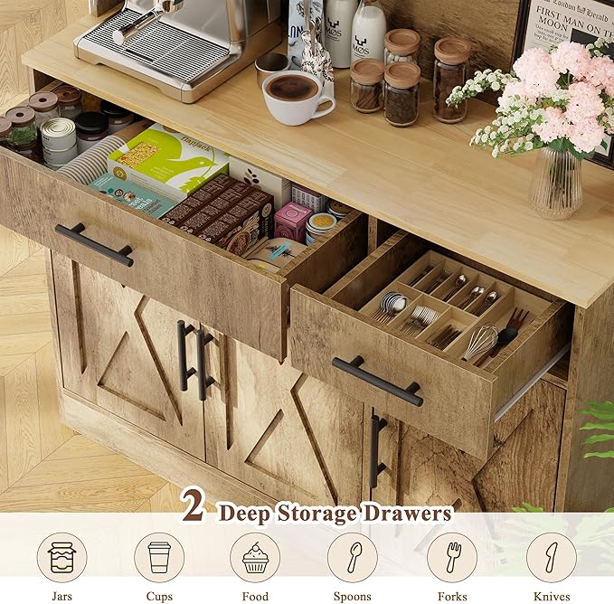Vongrasig Farmhouse Pantry Cabinet with Charging Station, Tall Kitchen Pantry with Microwave Stand, Storage Drawers & Shelves, Large Kitchen Hutch for Living Room, Dining Room, Rustic Brown