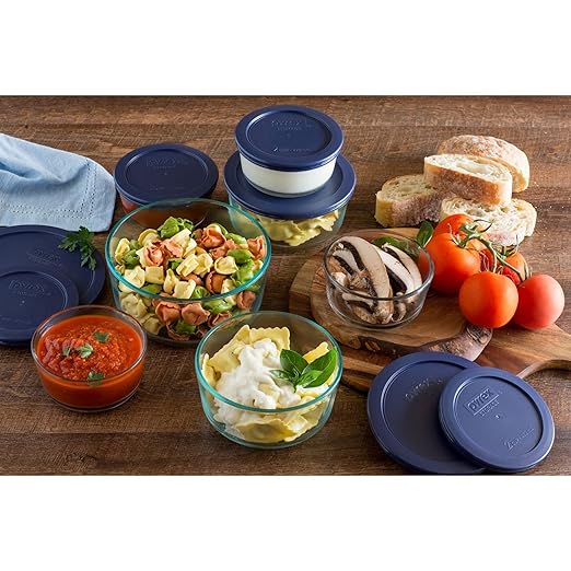 Pyrex Simply Store 14-Piece Round Glass Food Storage Set, Blue Made in the USA
