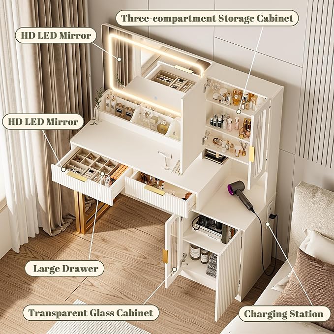 Makeup Vanity Desk with Mirror and Lights, Makeup Desk with 5 Shelves& 2 Storage Cabinet, Vanity Table with Power Outlet, 3 Color Adjustable Lighting Dressing Table Set for Bedroom