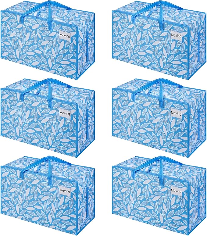 VENO 6 Pack Extra Large Heavy Duty Moving Bags with Wide Opening & Reinforced Handles, Reusable Storage Tote Bags with Strong Zippers for Clothes, College Dorm Essentials & Moving Supplies