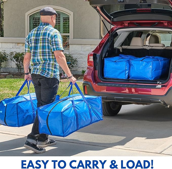 Creative Green Life Extra Large Moving Bags and Clothing Storage Bins with Strong Zipper & Carry Handles, Stackable, Heavy Duty Packing Moving Boxes for College Dorm Room Essentials (Blue, 8 Pack)