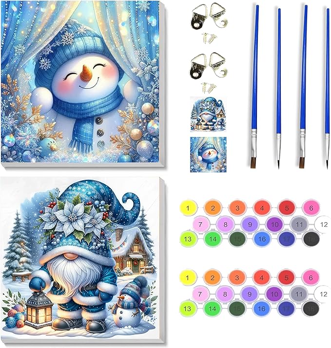 2 pack Christmas Paint by Numbers Kit for Adults Beginner with Framed,Snowman Easy Adult Paint by Number Kits on Canvas DIY Painting for Beginners Art by Numbers for Home Wall Decor 10x10 Inch
