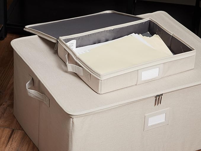 Covermates Keepsakes Zip-Top Storage Box Set, 3 Pack Heavy Duty Polyester Organizer Bins, Stackable Design, ID Window, Reinforced Handles, Closet Home Storage, Beige Heather