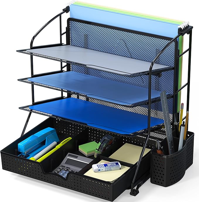Simple Houseware Desktop Document Tray Organizer with Sliding Drawer/Caddy/Hanging File Section, Black