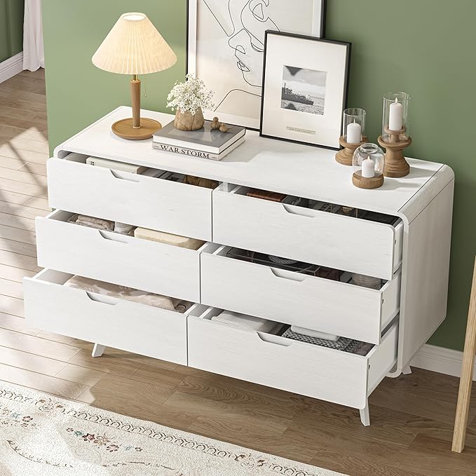 White Modern 6-Drawer Dresser & TV Stand, 47" Wide Storage Cabinet with Unique Wooden Handles, Mid-Century Style Chest of Drawers for Bedroom, Living Room, Hallway