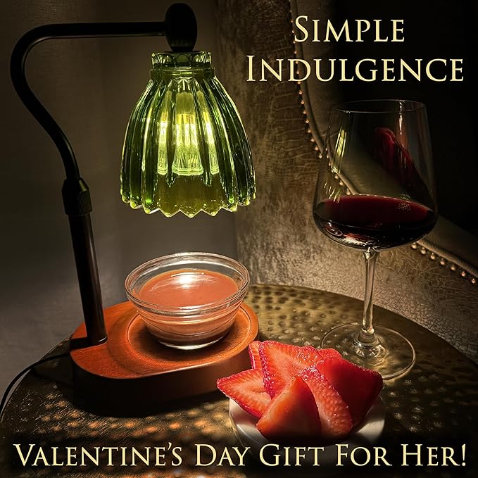 Green Candle Warmer Lamp with Timer - Wax Melt Warmer, Dimmable Electric Candle Lamp, Dark Academia Cottagecore Boho Decor, Adjustable Height, Genuine Wood Base, 2 Bulbs Included, Gift for Her