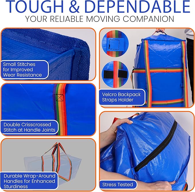 Strong180gsm Extra Large Moving Bags, Premium quality, Zipper Clothing Storage Tote, Three Carrying reinforced Handles, Versatile for Dorm, Packing, Storing, Organizing, Clothes, Blankets, Toys.