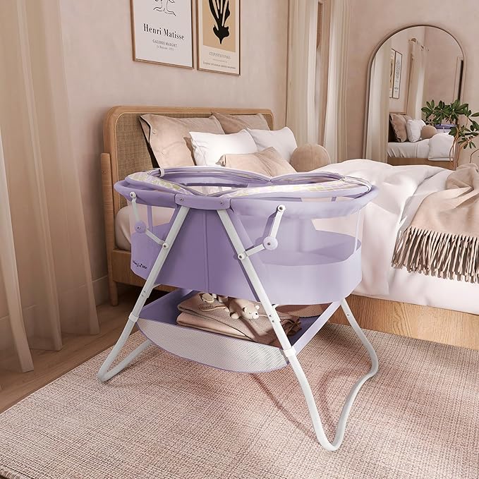 Dream On Me Karley Bassinet, Award Winner Lightweight Travel Baby Bassinet, Foldable Bedside Sleeper, Adjustable Double Canopy, Spacious Design, Soft Fabric, Storage Basket – Periwinkle