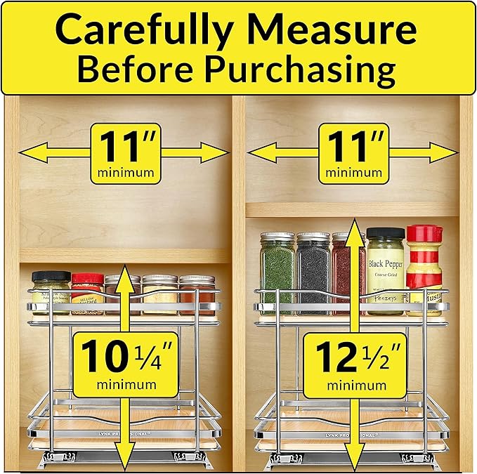 LYNK PROFESSIONAL® Élite™ Pull Out Spice Rack Organizer for Inside Kitchen Cabinets - 10-3/8 inch Wide - Slide Out Drawer – Wood/Chrome Sliding Spice Organization for cabinet - Spice Racks - 2 Tier