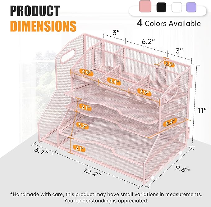 YINGHUA 5 Tier Paper Tray Letter Organizer with Top 6 Adjustable Compartments and File Holder - Paper Sorter Office Desktop Accessories with Handles for Document,Mail,School Supplies Storage,Pink