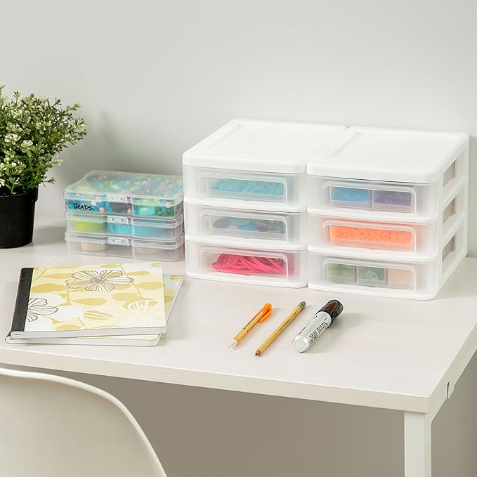IRIS USA Small 3-Drawer Desktop Organizer, 4 Pack, Stackable, for Office, School, Stationery, Makeup Organizer, Bathroom, Utility, Medical Supplies, Desk Organizer, Versatile Storage, White