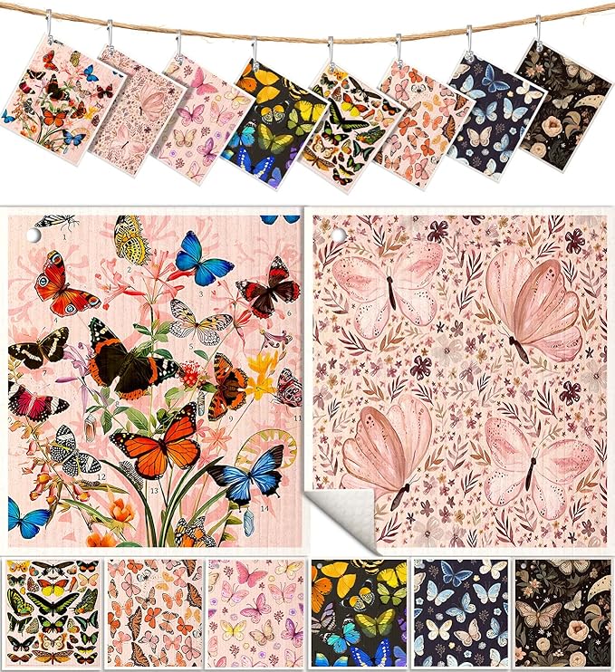Miss Adola 8 Pack Reusable Kitchen Swedish Dishcloths for Washing Dishes Cloths Absorbent Fast Drying Cleaning Sponge Cute Decorate Washable Swedish Towels, Butterfly