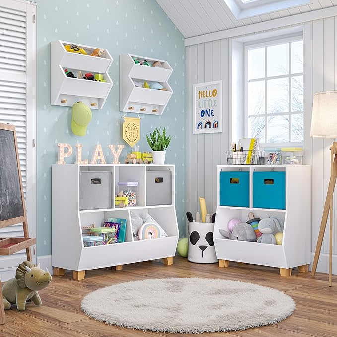 RiverRidge Catch-All Kids Toy Storage Organizer with 3 Cubbies and 2 Storage Bin Compartments - 35 Inch Wide White and 2 Gray Fabric Bins Kids Room Decor Toy Organizers and Bins