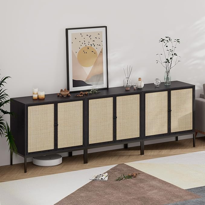 XIAO WEI Sideboard Buffet Cabinet with 2 Natural Rattan Decorated Doors, 31.5" W Accent Rattan Cabinet, Boho Credenza Storage Cabinet, for Living Room Dining Room Hallway, Metal Legs, Black(2 PCS)