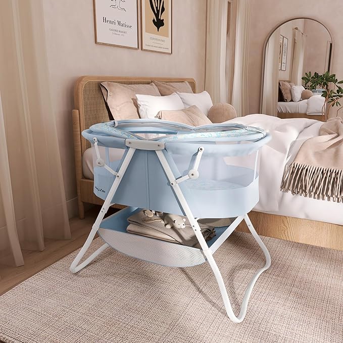 Dream On Me Karley Bassinet, Award Winner Lightweight Travel Baby Bassinet, Foldable Bedside Sleeper, Adjustable Double Canopy, Spacious Design, Soft Fabric, Storage Basket – Light Blue