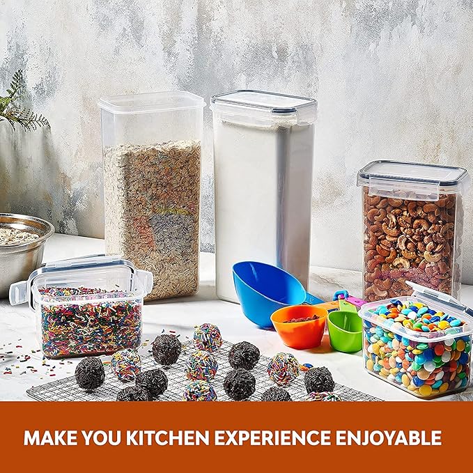 14 Pack Airtight Food Storage Container Set - BPA Free Clear Plastic Kitchen and Pantry Organization Canisters with Durable Lids for Cereal, Dry Food Flour & Sugar - Labels, Marker & Spoon Set