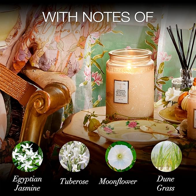 Voluspa Jasmine Midnight Blooms Candle, Large Glass Jar Candle, 18oz, Coconut Wax Blend, Scented Candles for Home, 100 Hour Burn Time, Handcrafted in The USA