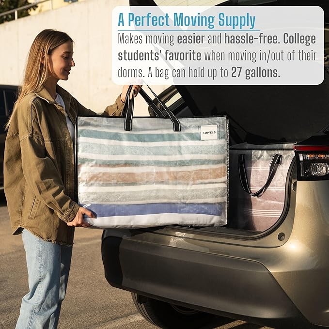 VENO 4 Pack Heavy Duty Moving Bags, Storage Bags, Packing Supplies, Top Zipper, Storage Totes for Camping, Clothes, Bedding, Comforters, Pillows (27 Gallon Clear, 4 Pack)