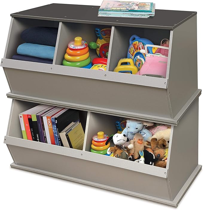 Badger Basket Three-Bin Stackable Storage Cubby – Woodgrain Gray, Expandable Storage with Top Display Shelf for Toys, Crafts & More