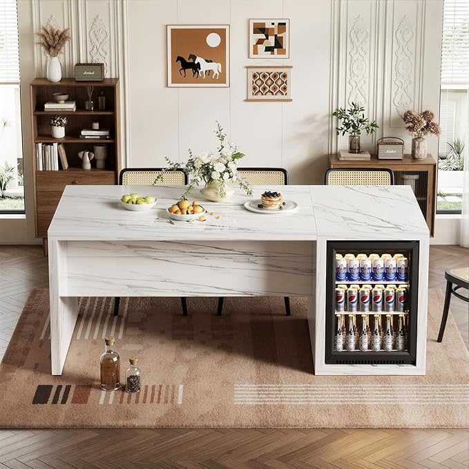78.7" Large Imitation Marble Kitchen Island with Storage Space,Modern Dining Table with Mini Fridge Space for Kitchen, Dining Room, Home Bar, White