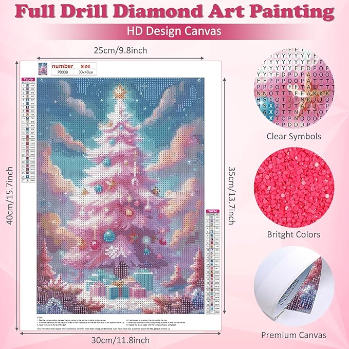 DOMROM Christmas Diamond Painting Kits, Pink Christmas Tree 5D Diamond Art Kits,Gem Art Painting with Diamonds Dots, Arts and Crafts for Beginners Adult Wall Decor 12 x 16inch