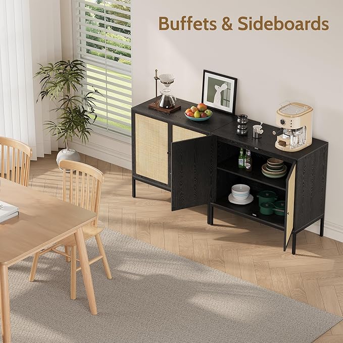 Yechen Set of 2 63" Sideboard Cabinet with Natural Rattan Doors, Buffet Console & Accent Cabinet, Rattan Credenza Storage with Metal Legs for Living Room, Kitchen, Dining Room/Black+Nautural