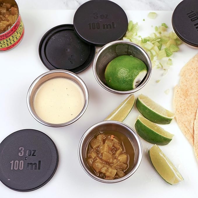 RSVP International Kitchen Prep Bowl Collection, Stainless Steel, Dishwasher Safe, Cup & Lid, 4 Piece, 3-ounce