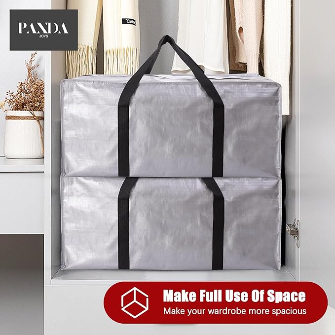 PANDA JOYS Extra Large Moving Bags with Zippers & Carrying Handles, Heavy-Duty Storage Tote for Space Saving Moving Storage, Fold Flat, Alternative to Box and Bin - 8 Pack, Silver