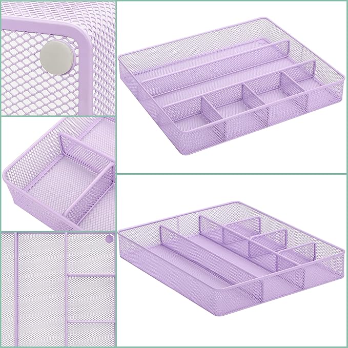 Annova Desk Top Organizer/Storage Tray - Metal Mesh with Dividers for Pens, Desktop Accessories, Bathroom, Kitchen, Makeup and Office Supplies (Large, Light Purple)